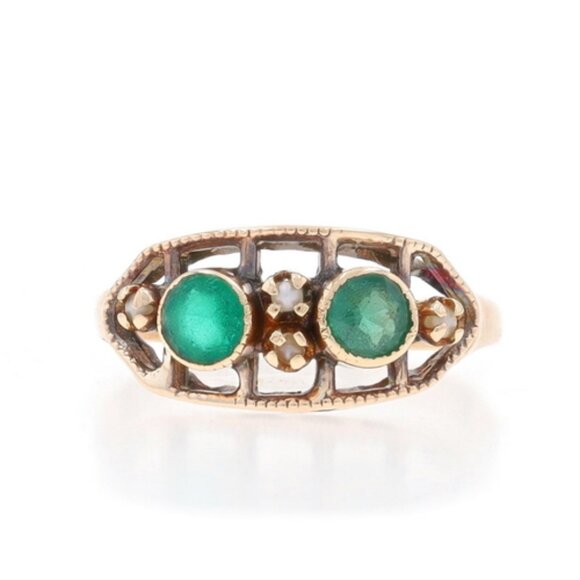 Yellow Gold Simulated Emerald Seed Pearl Art Deco Ring 10k Rnd Vintage Two-Stone
